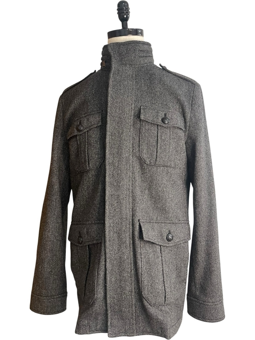 Express Men Wool Herringbone Military Field Jacket Gray